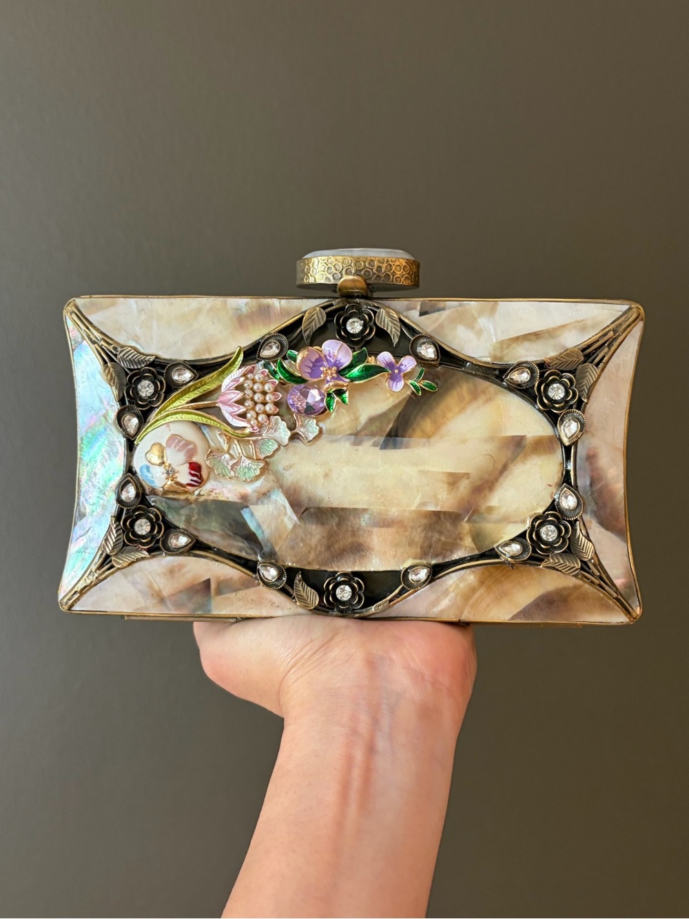 Mother-of-Pearl Floral Accent Box Clutch - Iridescent White and Gold Trim